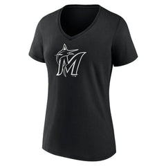 Miami Marlins Women's Monochrome Personalized Name & Number V-Neck T-Shirt - Black - MLB Discount
