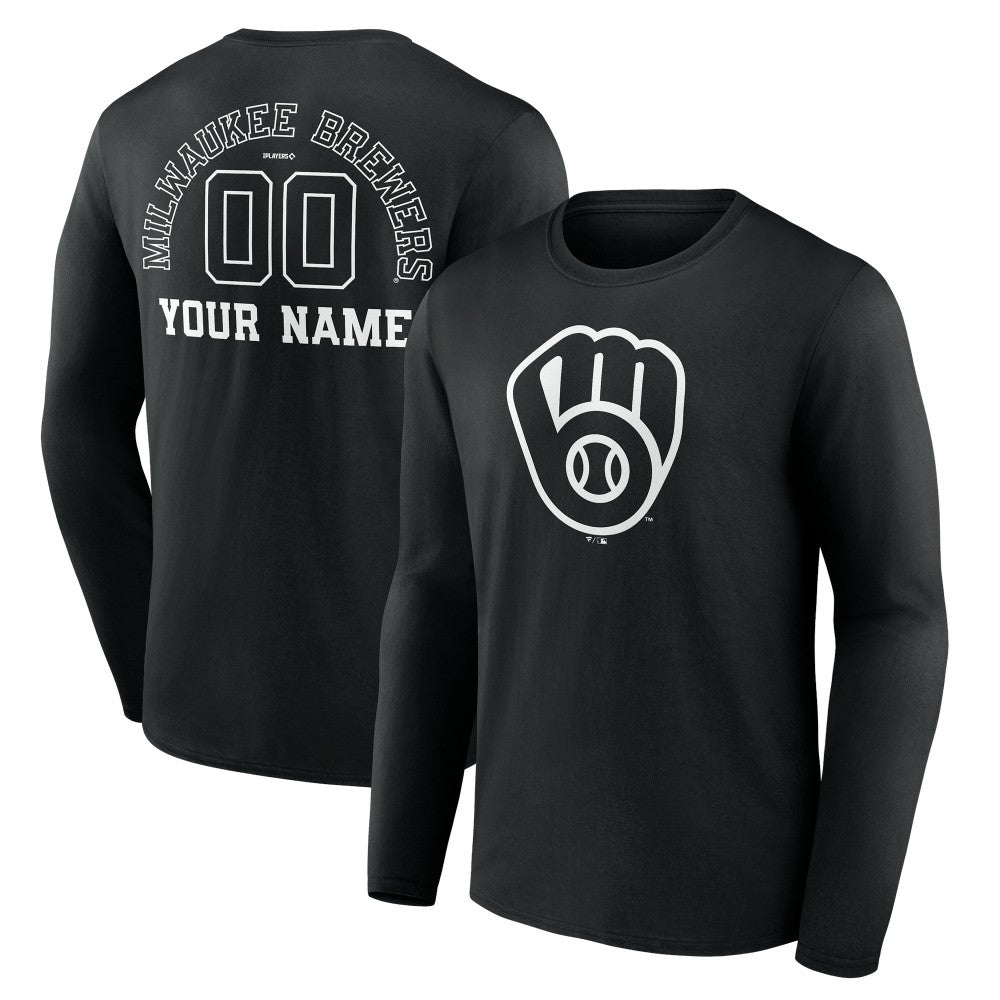 Milwaukee Brewers Monochrome Personalized Name & Number Long Sleeve T-Shirt - Black - MLB Discount