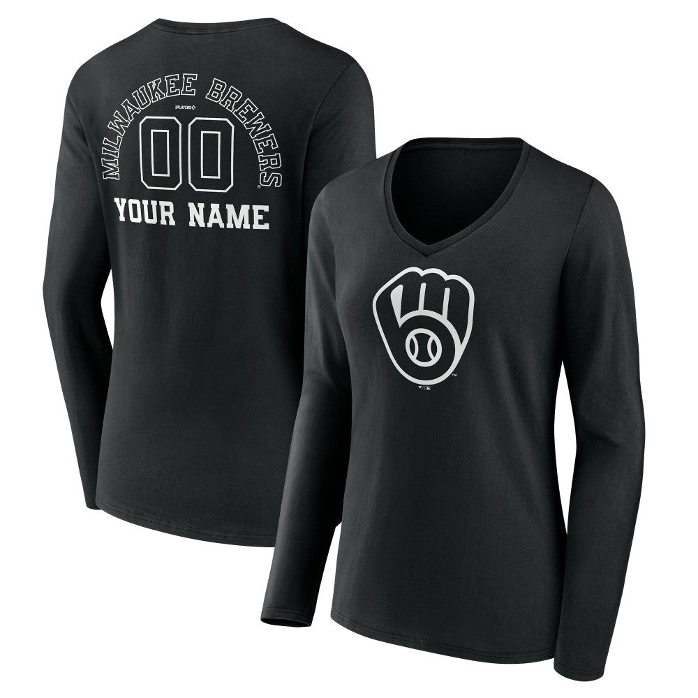 Milwaukee Brewers Women's Monochrome Personalized Name & Number Long Sleeve V-Neck T-Shirt - Black - MLB Discount