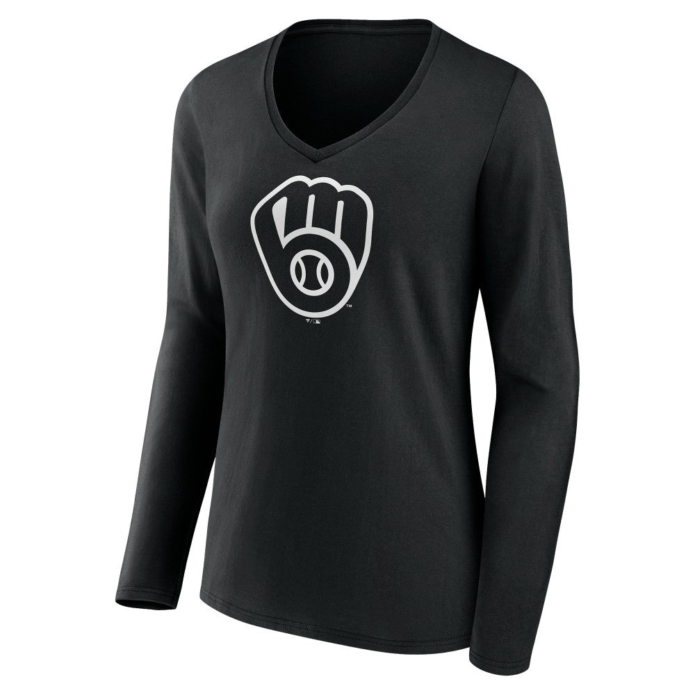 Milwaukee Brewers Women's Monochrome Personalized Name & Number Long Sleeve V-Neck T-Shirt - Black - MLB Discount