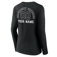 Milwaukee Brewers Women's Monochrome Personalized Name & Number Long Sleeve V-Neck T-Shirt - Black - MLB Discount