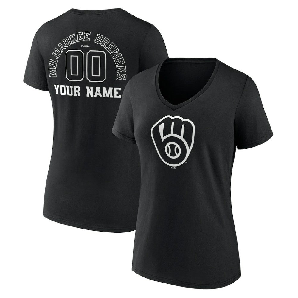 Milwaukee Brewers Women's Monochrome Personalized Name & Number V-Neck T-Shirt - Black - MLB Discount