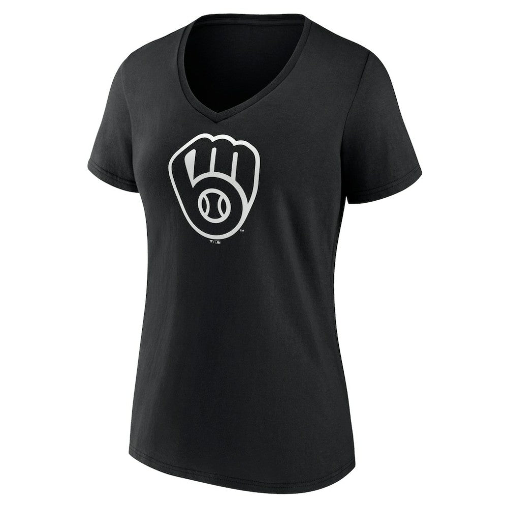 Milwaukee Brewers Women's Monochrome Personalized Name & Number V-Neck T-Shirt - Black - MLB Discount