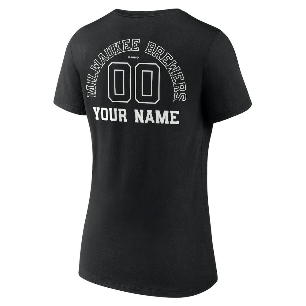 Milwaukee Brewers Women's Monochrome Personalized Name & Number V-Neck T-Shirt - Black - MLB Discount
