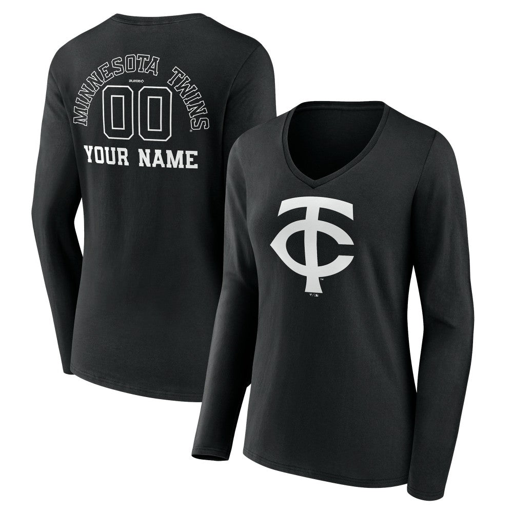 Minnesota Twins Women's Monochrome Personalized Name & Number Long Sleeve V-Neck T-Shirt - Black - MLB Online