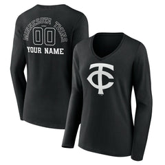 Minnesota Twins Women's Monochrome Personalized Name & Number Long Sleeve V-Neck T-Shirt - Black - MLB Online