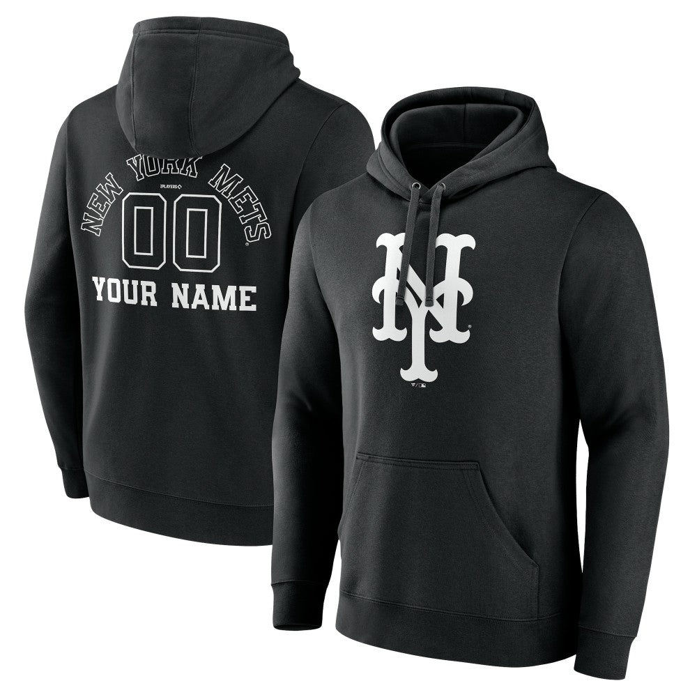 New York Mets Monochrome Personalized Name & Number Pullover Hoodie - Black - MLB Discount