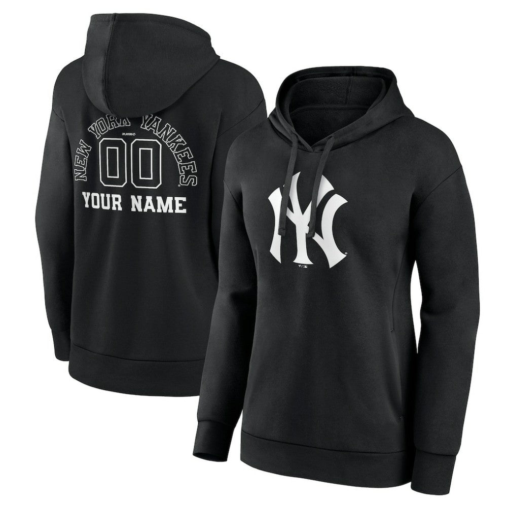 New York Yankees Women's Monochrome Personalized Name & Number Pullover Hoodie - Black - MLB Sale