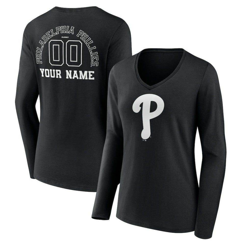 Philadelphia Phillies Women's Monochrome Personalized Name & Number Long Sleeve V-Neck T-Shirt - Black - MLB Discount