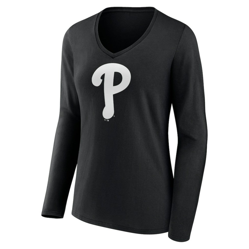 Philadelphia Phillies Women's Monochrome Personalized Name & Number Long Sleeve V-Neck T-Shirt - Black - MLB Discount