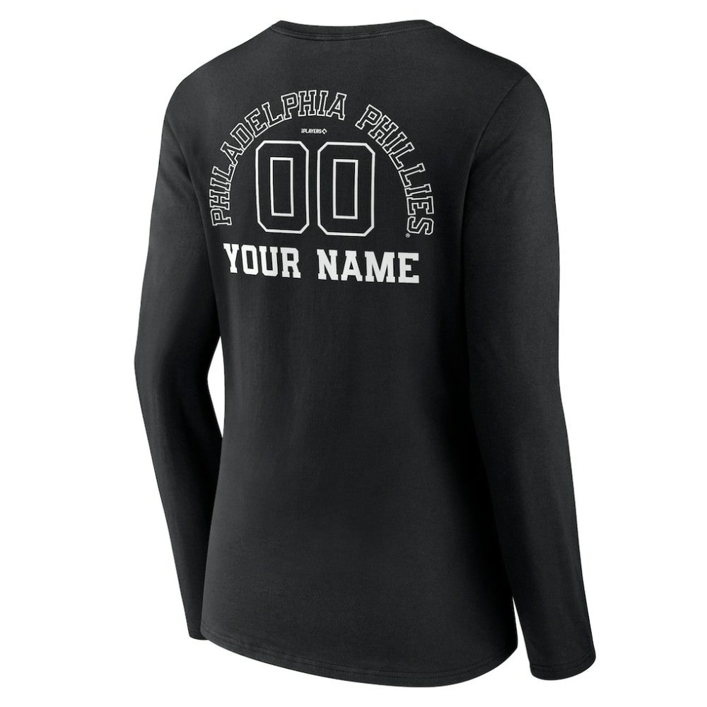 Philadelphia Phillies Women's Monochrome Personalized Name & Number Long Sleeve V-Neck T-Shirt - Black - MLB Discount