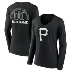 Pittsburgh Pirates Women's Monochrome Personalized Name & Number Long Sleeve V-Neck T-Shirt - Black - MLB Lifestyle