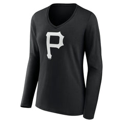 Pittsburgh Pirates Women's Monochrome Personalized Name & Number Long Sleeve V-Neck T-Shirt - Black - MLB Lifestyle