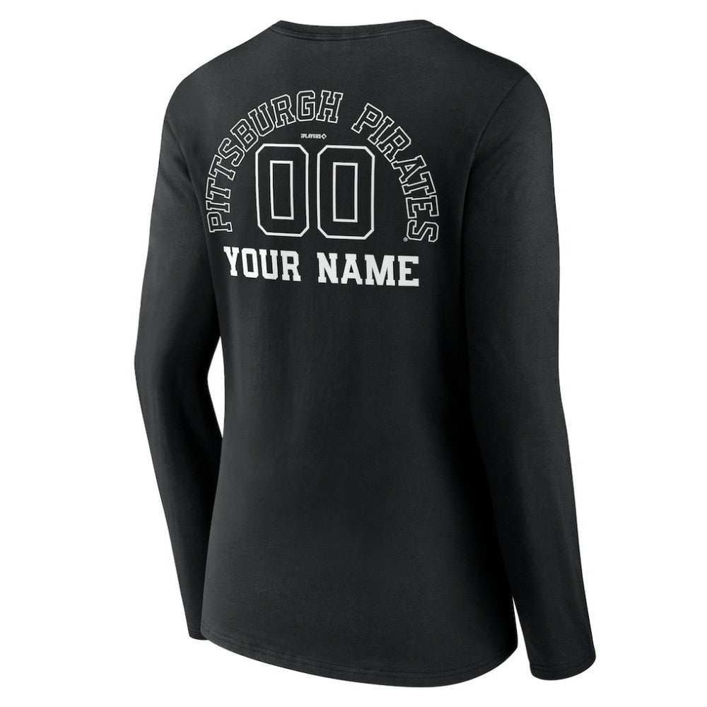 Pittsburgh Pirates Women's Monochrome Personalized Name & Number Long Sleeve V-Neck T-Shirt - Black - MLB Lifestyle