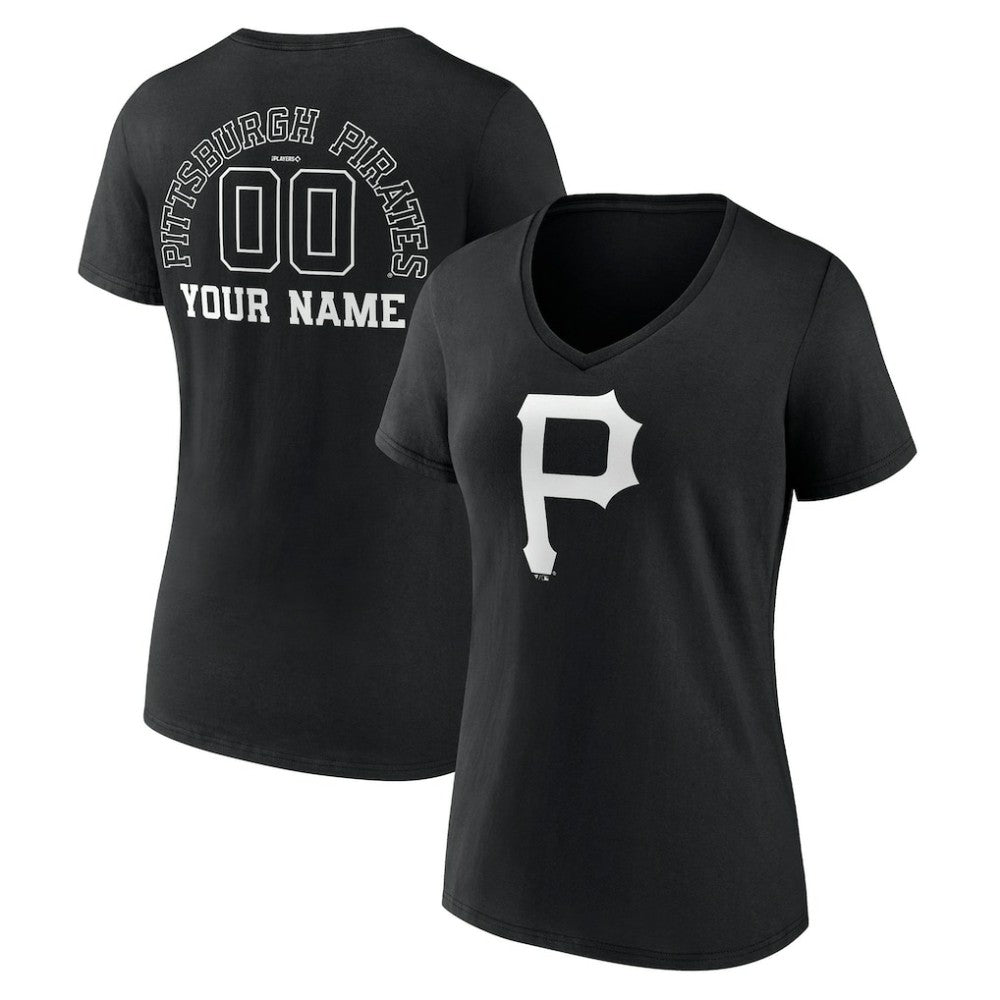 Pittsburgh Pirates Women's Monochrome Personalized Name & Number V-Neck T-Shirt - Black - MLB Discount
