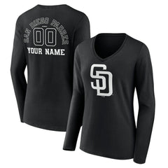 San Diego Padres Women's Monochrome Personalized Name & Number Long Sleeve V-Neck T-Shirt - Black - MLB Sale