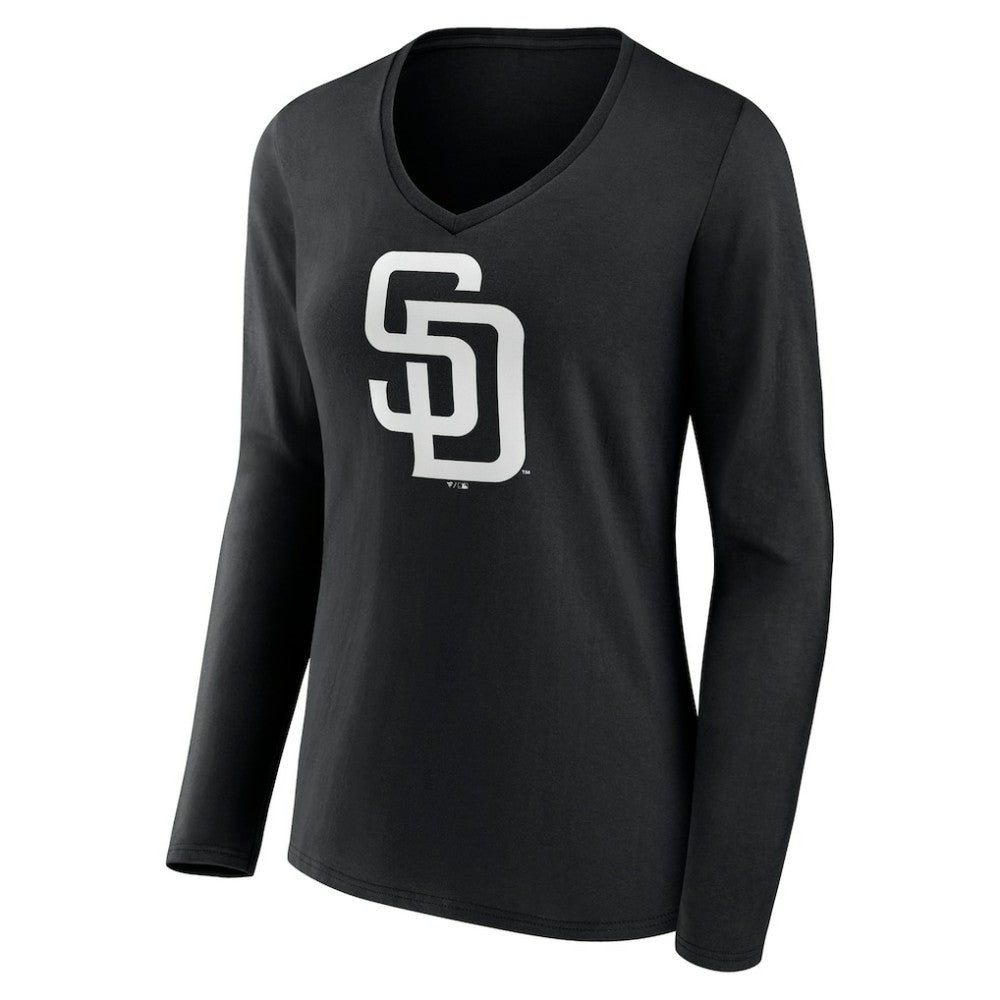 San Diego Padres Women's Monochrome Personalized Name & Number Long Sleeve V-Neck T-Shirt - Black - MLB Sale