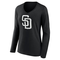 San Diego Padres Women's Monochrome Personalized Name & Number Long Sleeve V-Neck T-Shirt - Black - MLB Sale