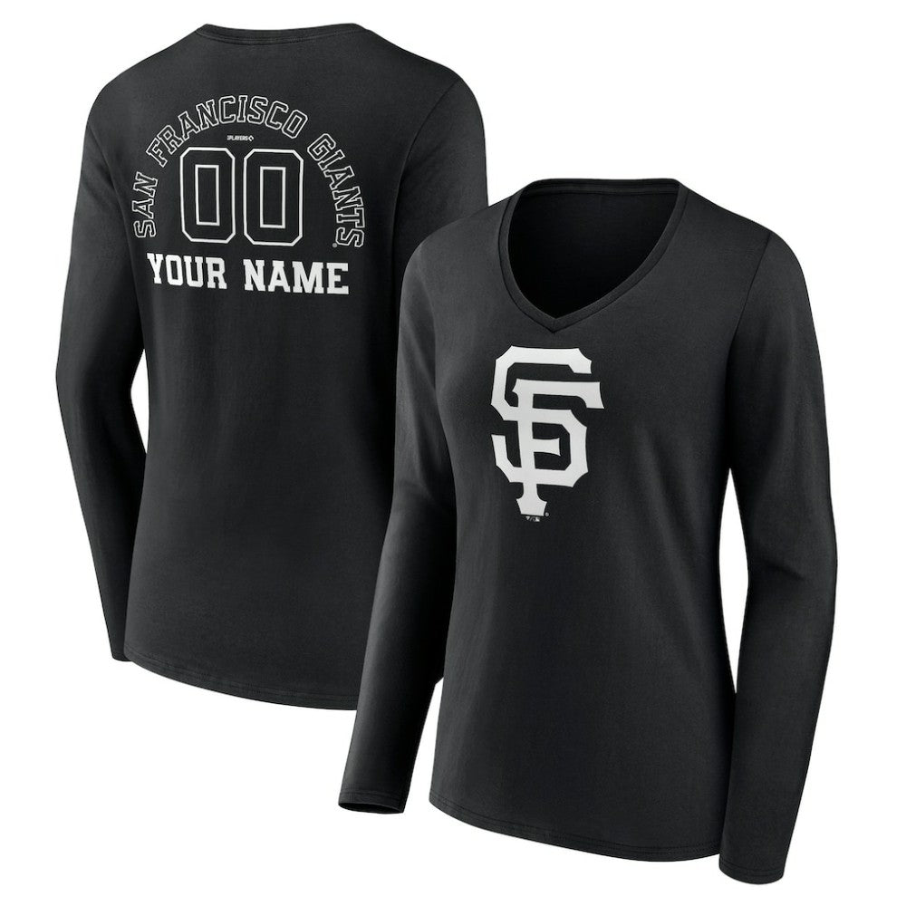San Francisco Giants Women's Monochrome Personalized Name & Number Long Sleeve V-Neck T-Shirt - Black - MLB Lifestyle