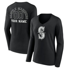 Seattle Mariners Women's Monochrome Personalized Name & Number Long Sleeve V-Neck T-Shirt - Black - MLB Sale