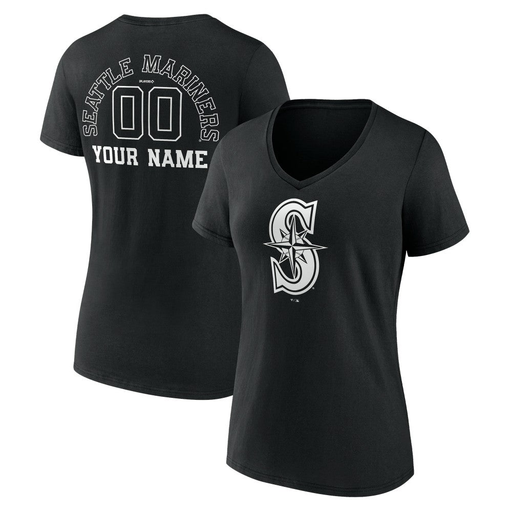 Seattle Mariners Women's Monochrome Personalized Name & Number V-Neck T-Shirt - Black - MLB Sale