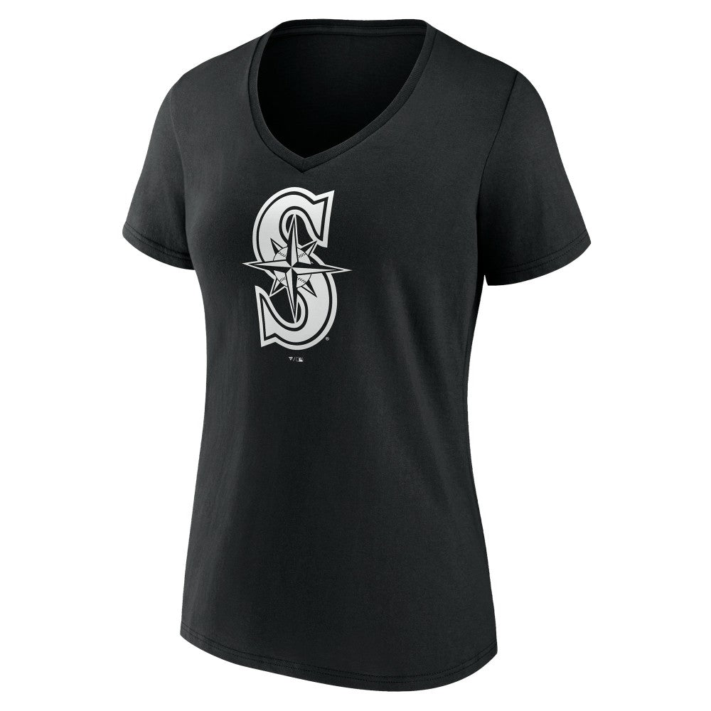 Seattle Mariners Women's Monochrome Personalized Name & Number V-Neck T-Shirt - Black - MLB Sale