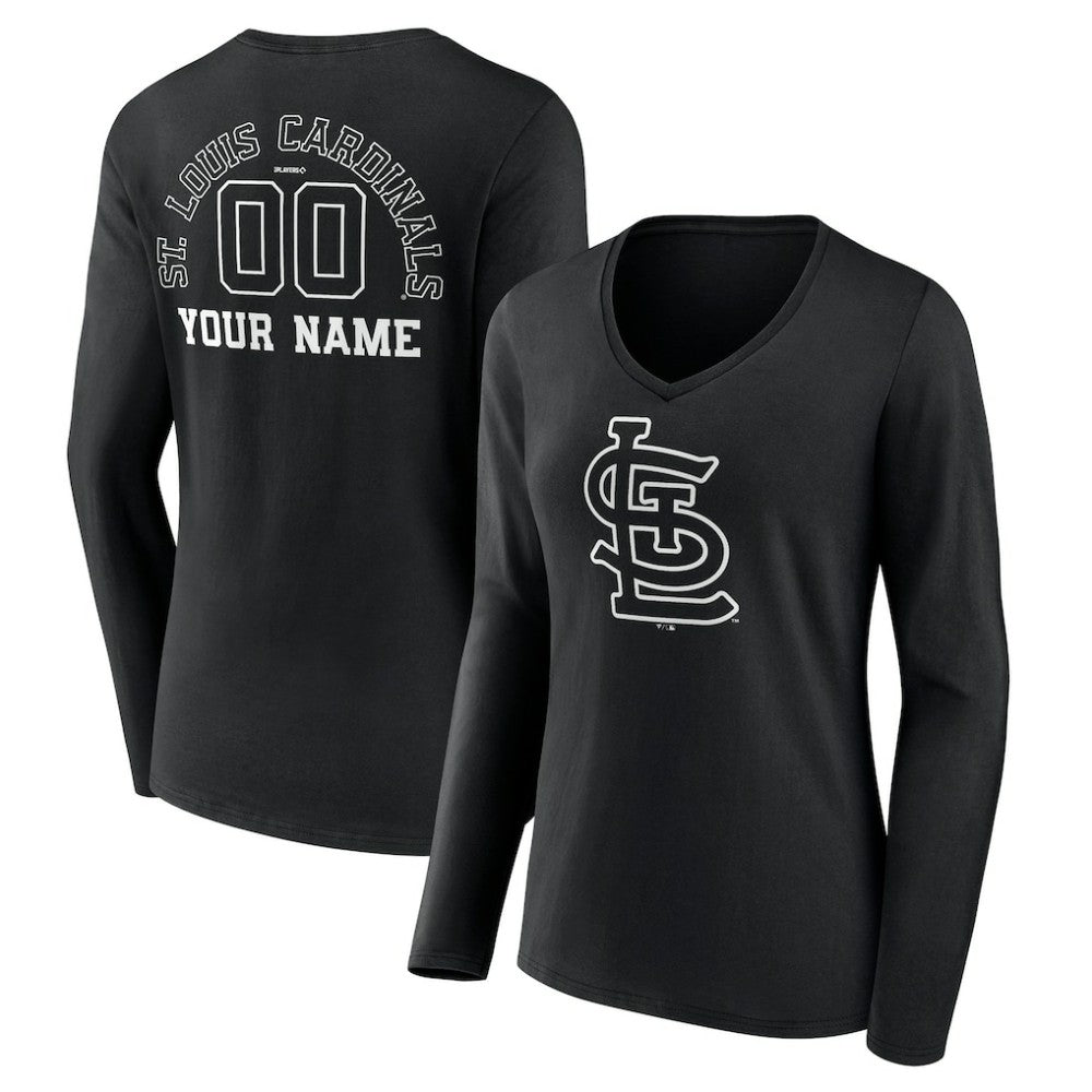 St. Louis Cardinals Women's Monochrome Personalized Name & Number Long Sleeve V-Neck T-Shirt - Black - MLB Discount