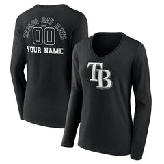 Tampa Bay Rays Women's Monochrome Personalized Name & Number Long Sleeve V-Neck T-Shirt - Black - MLB Discount