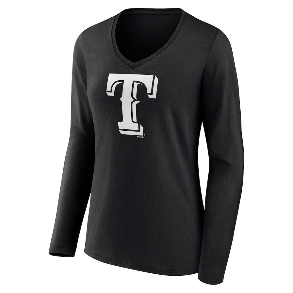 Texas Rangers Women's Monochrome Personalized Name & Number Long Sleeve V-Neck T-Shirt - Black - MLB on Sale