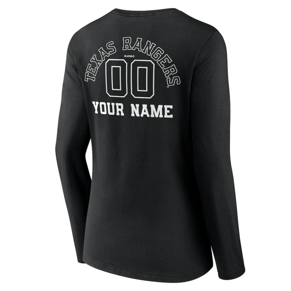 Texas Rangers Women's Monochrome Personalized Name & Number Long Sleeve V-Neck T-Shirt - Black - MLB on Sale