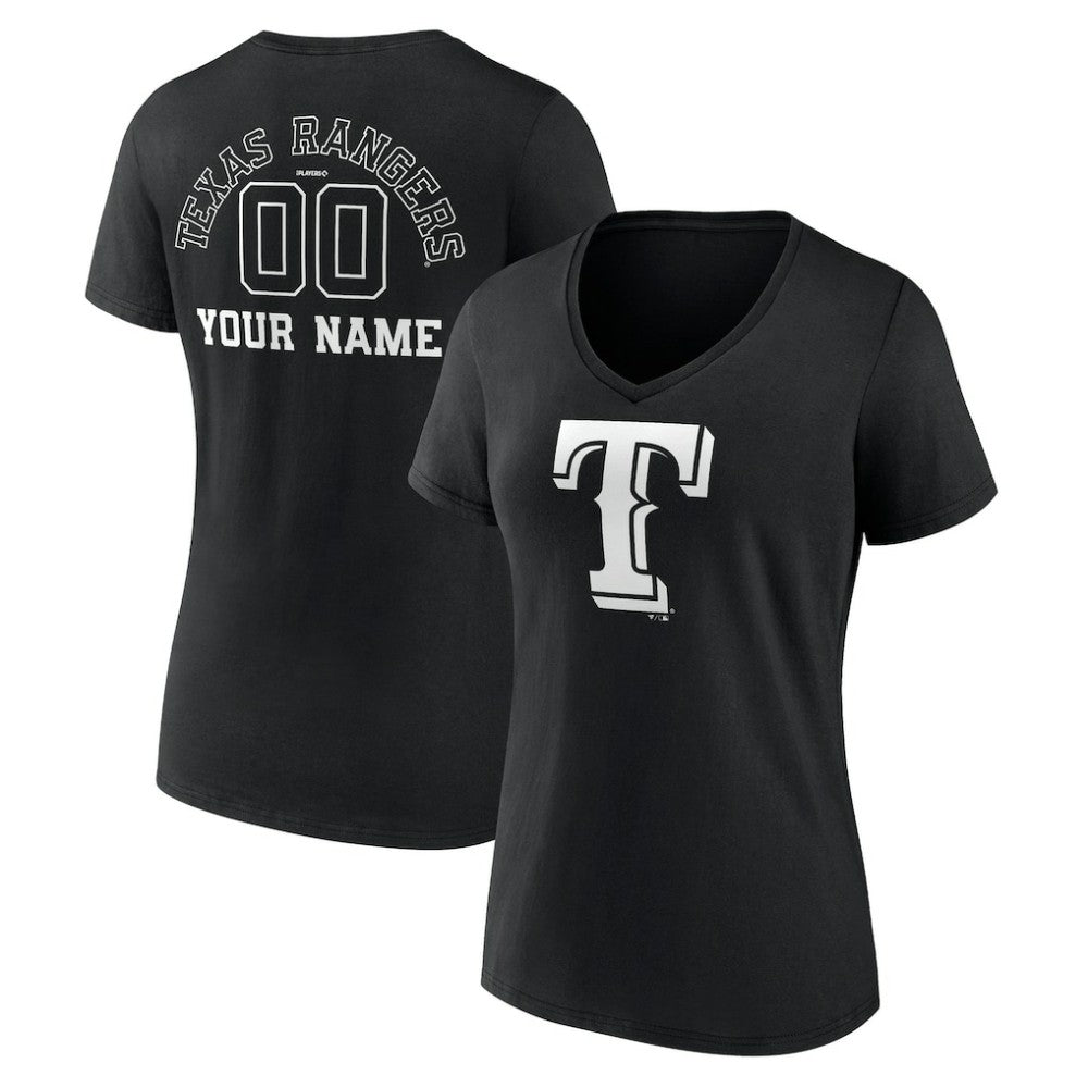 Texas Rangers Women's Monochrome Personalized Name & Number V-Neck T-Shirt - Black - MLB on Sale