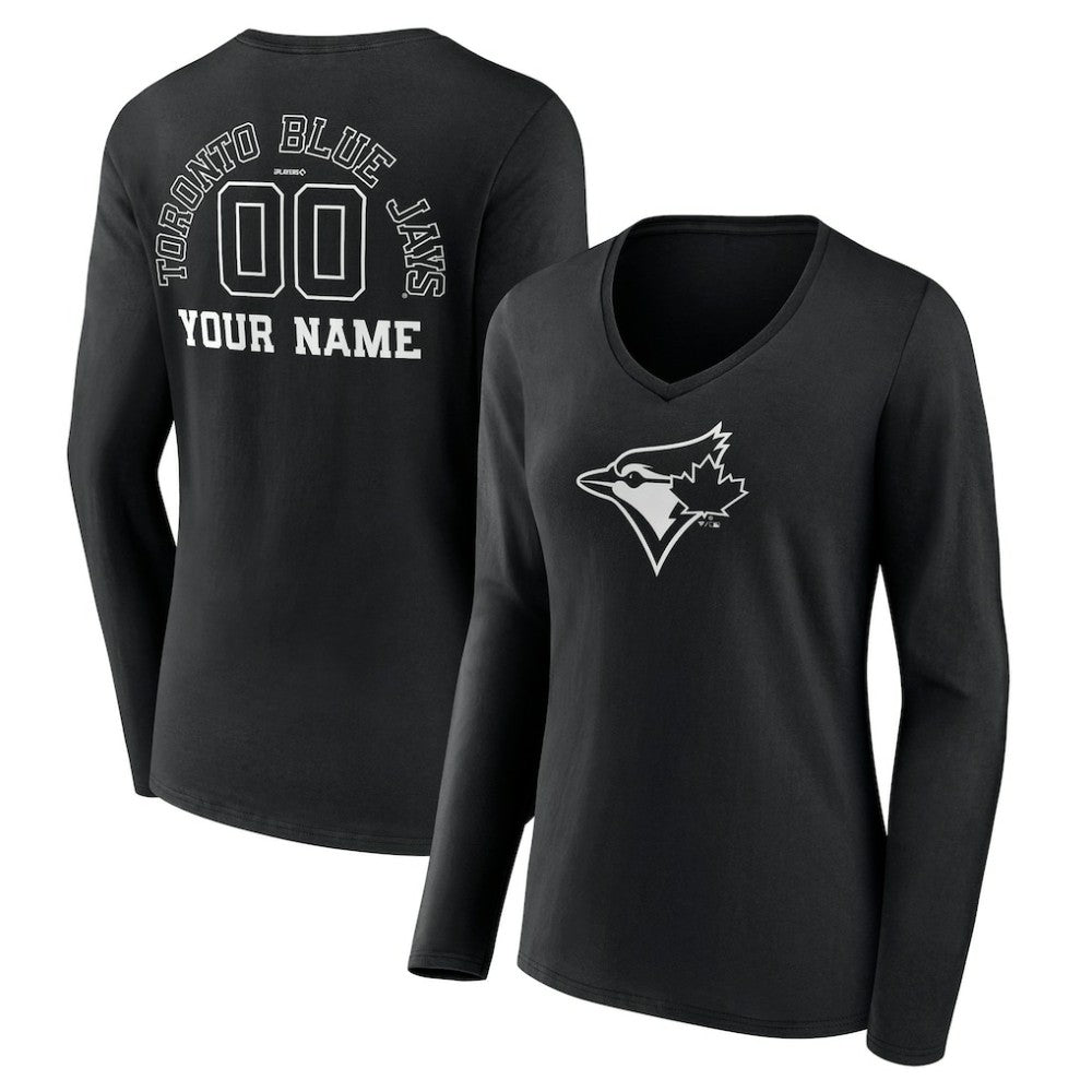 Toronto Blue Jays Women's Monochrome Personalized Name & Number Long Sleeve V-Neck T-Shirt - Black - MLB Sale