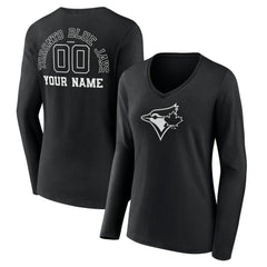 Toronto Blue Jays Women's Monochrome Personalized Name & Number Long Sleeve V-Neck T-Shirt - Black - MLB Sale