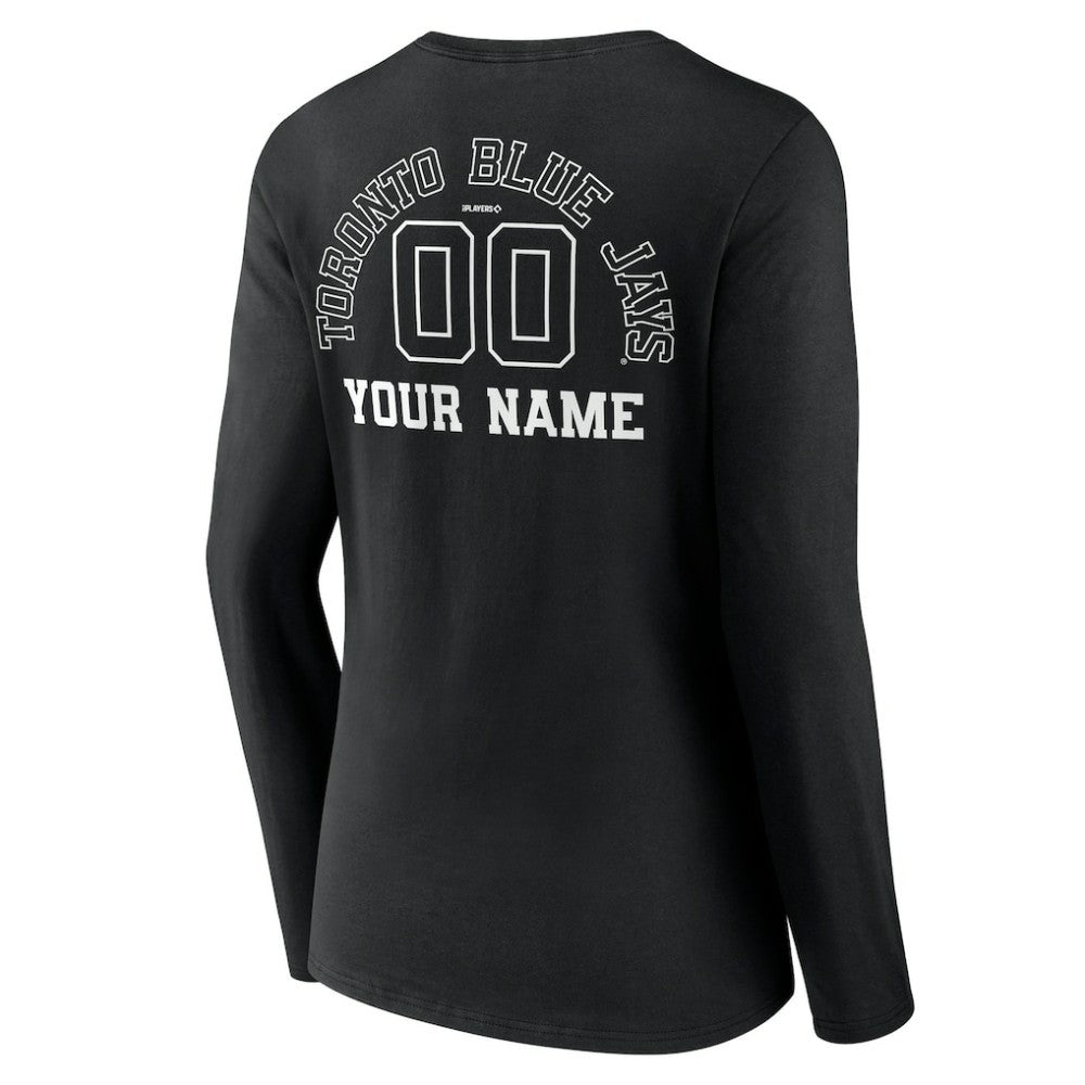 Toronto Blue Jays Women's Monochrome Personalized Name & Number Long Sleeve V-Neck T-Shirt - Black - MLB Sale