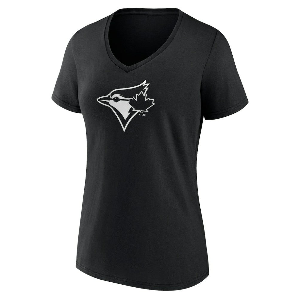 Toronto Blue Jays Women's Monochrome Personalized Name & Number V-Neck T-Shirt - Black - MLB Lifestyle