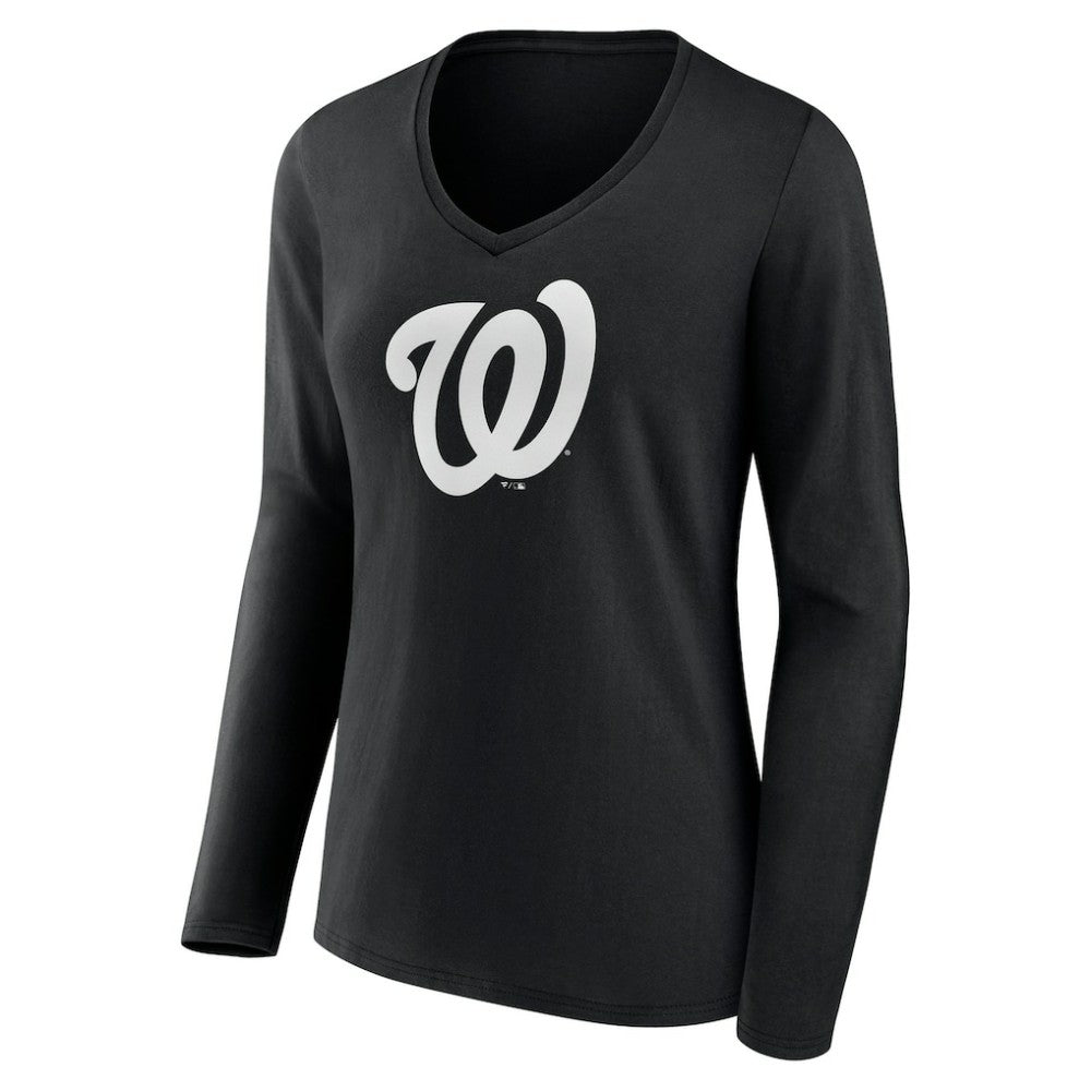 Washington Nationals Women's Monochrome Personalized Name & Number Long Sleeve V-Neck T-Shirt - Black - MLB Discount