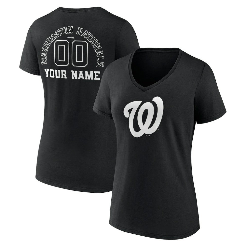 Washington Nationals Women's Monochrome Personalized Name & Number V-Neck T-Shirt - Black - MLB Discount