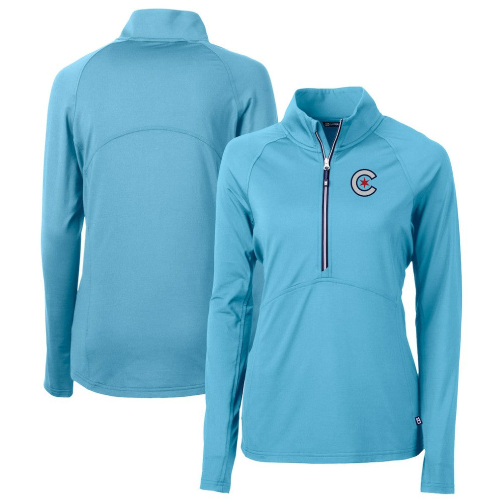 Chicago Cubs Cutter & Buck Women's City Connect Adapt Eco Knit Recycled Half-Zip Pullover Top - Powder Blue - MLB Sale