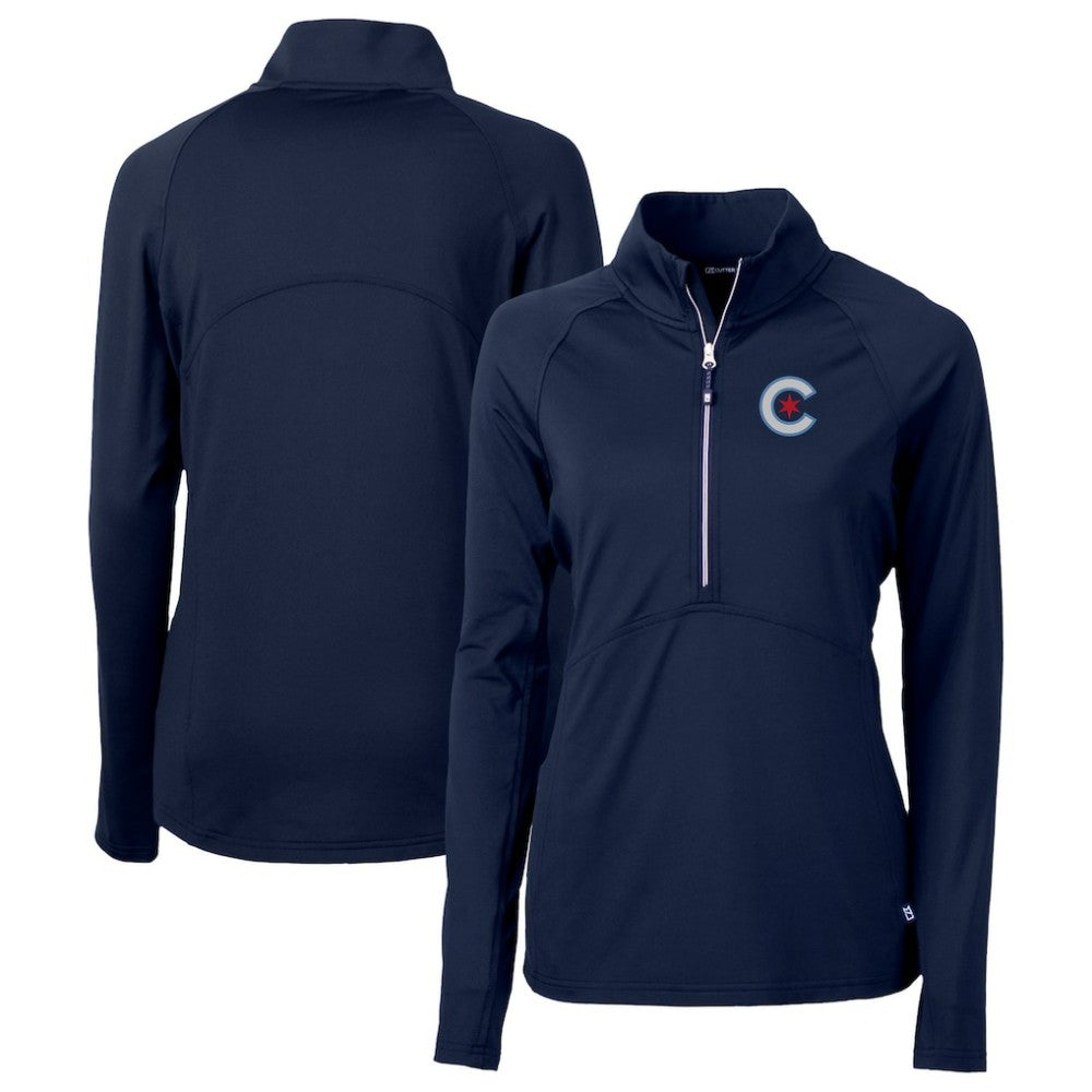 Chicago Cubs Cutter & Buck Women's City Connect Adapt Eco Knit Recycled Half-Zip Pullover Top - Navy - MLB on Sale