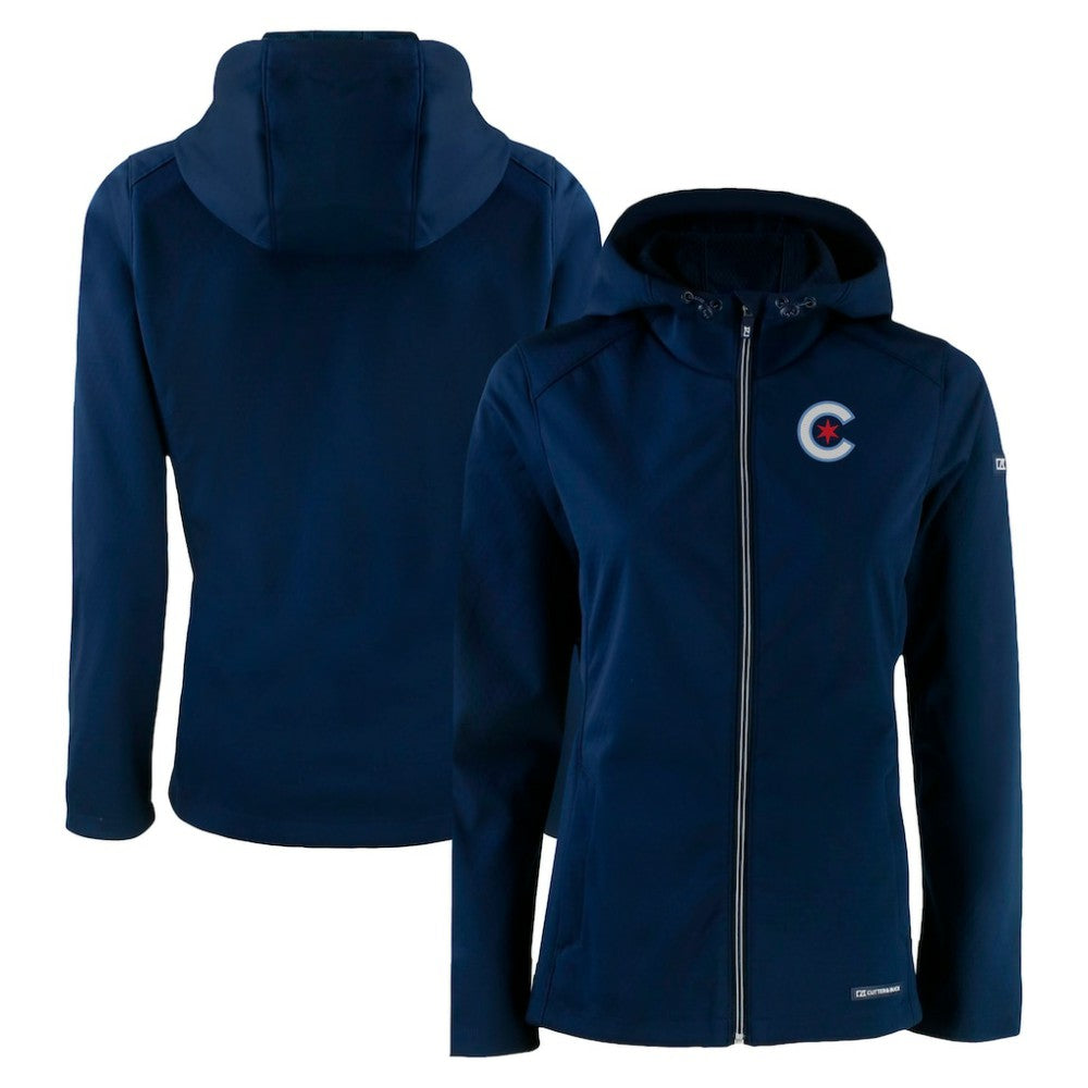 Chicago Cubs Cutter & Buck Women's City Connect Evoke Eco Softshell Recycled Full-Zip Hoodie Jacket - Navy - MLB Discount