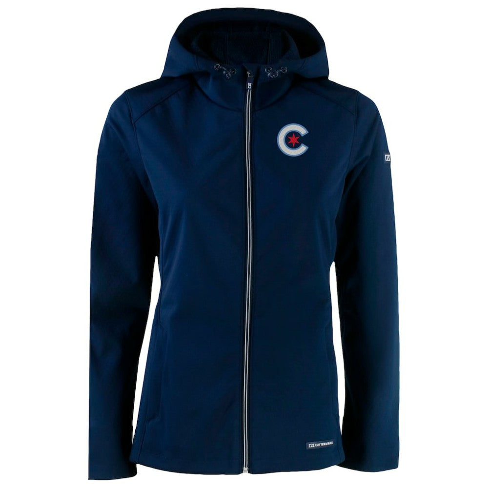 Chicago Cubs Cutter & Buck Women's City Connect Evoke Eco Softshell Recycled Full-Zip Hoodie Jacket - Navy - MLB Discount