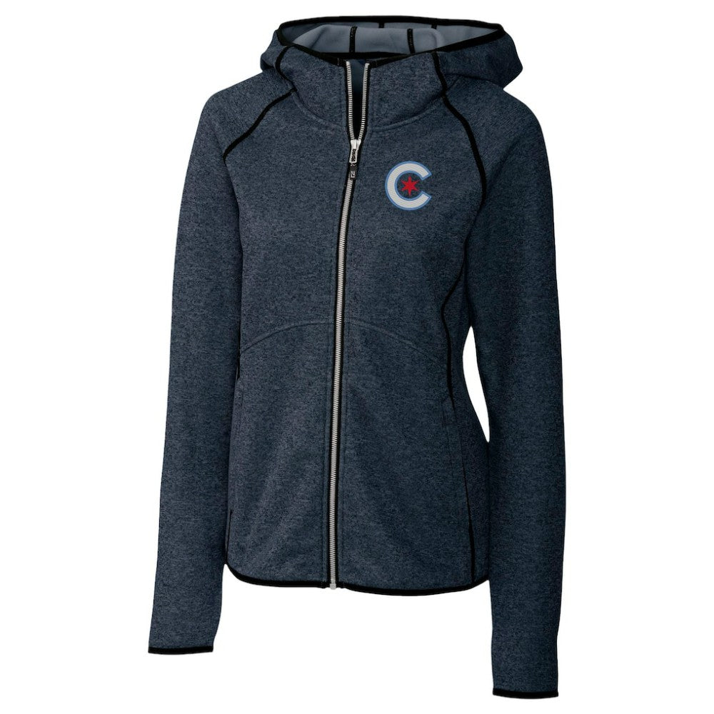 Chicago Cubs Cutter & Buck Women's City Connect Mainsail Full-Zip Hooded Jacket - Heather Navy - MLB on Sale
