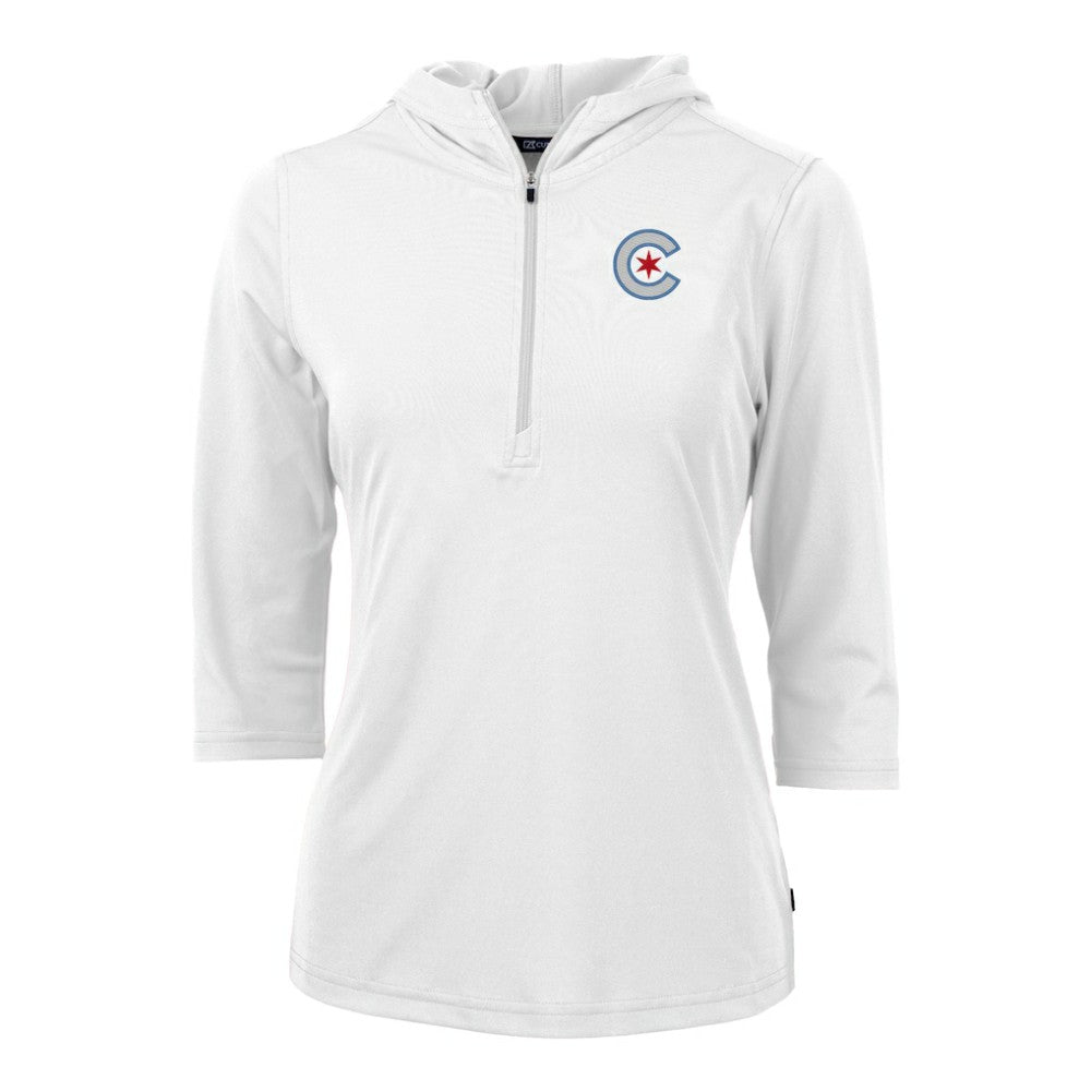 Chicago Cubs Cutter & Buck Women's City Connect Virtue Eco Pique Recycled Half-Zip Pullover Hoodie - White - MLB Online