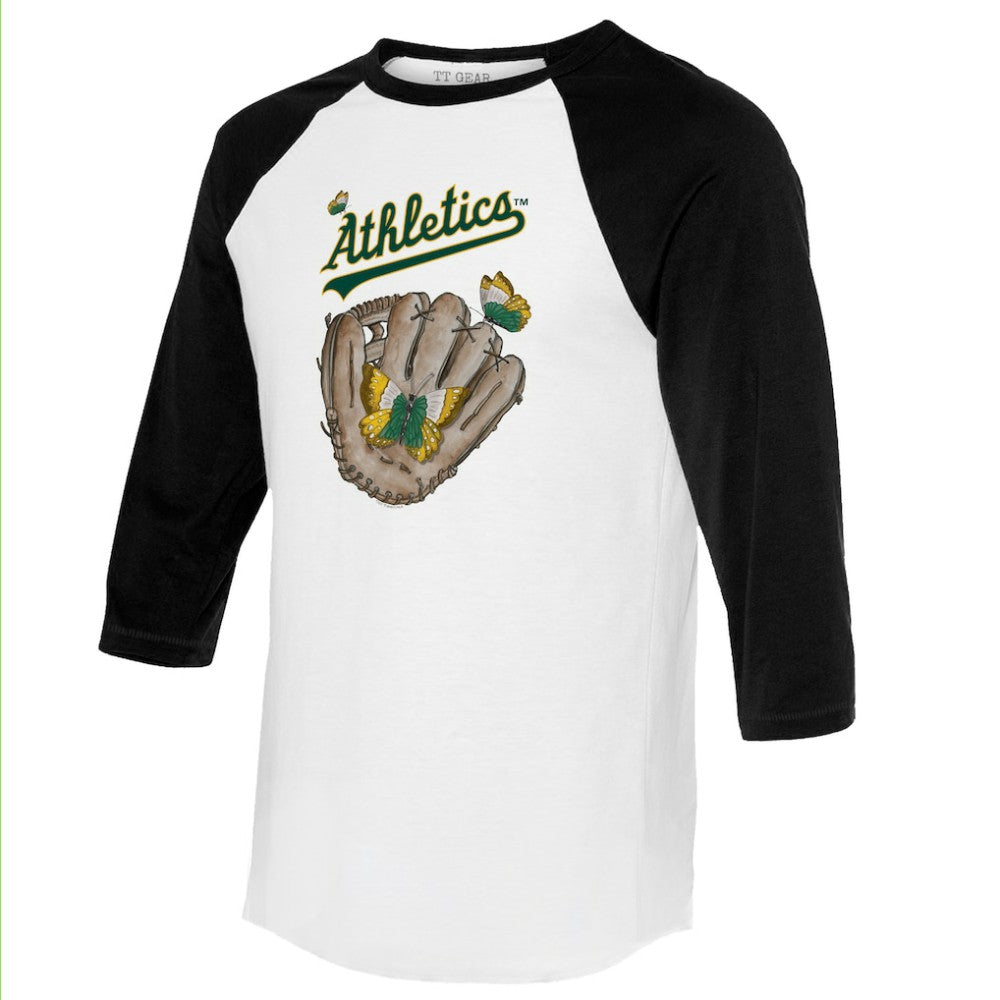 Athletics Tiny Turnip Unisex Butterfly Glove 3/4-Sleeve Raglan T-Shirt - White/Black - MLB Lifestyle