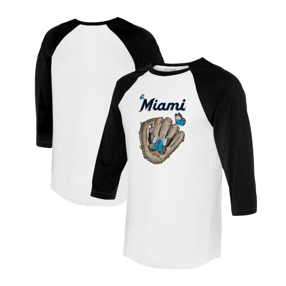 Miami Marlins Tiny Turnip Unisex Butterfly Glove 3/4-Sleeve Raglan T-Shirt - White/Black - MLB on Sale