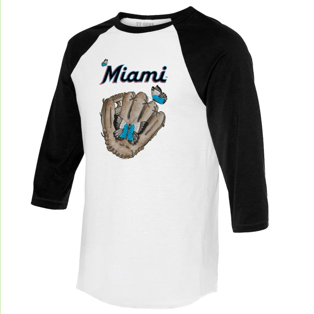 Miami Marlins Tiny Turnip Unisex Butterfly Glove 3/4-Sleeve Raglan T-Shirt - White/Black - MLB on Sale