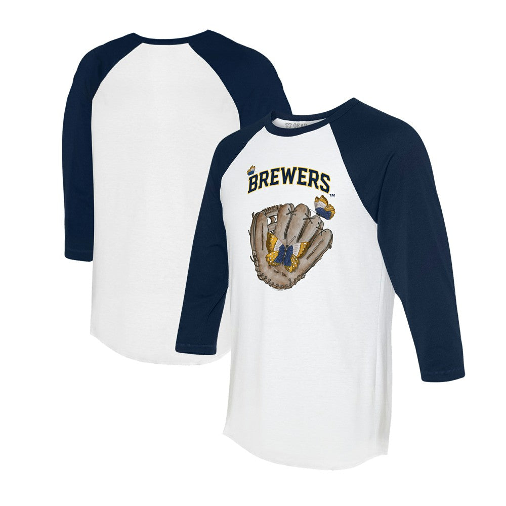Milwaukee Brewers Tiny Turnip Unisex Butterfly Glove 3/4-Sleeve Raglan T-Shirt - White/Navy - MLB Discount