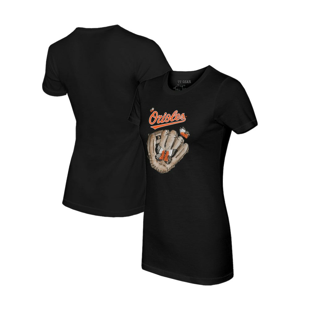 Baltimore Orioles Tiny Turnip Women's Butterfly Glove T-Shirt - Black - MLB Discount