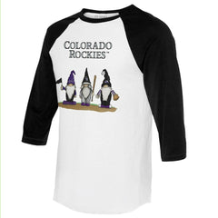 Colorado Rockies Tiny Turnip Unisex Gnomes 3/4-Sleeve Raglan T-Shirt - White/Black - MLB Discount