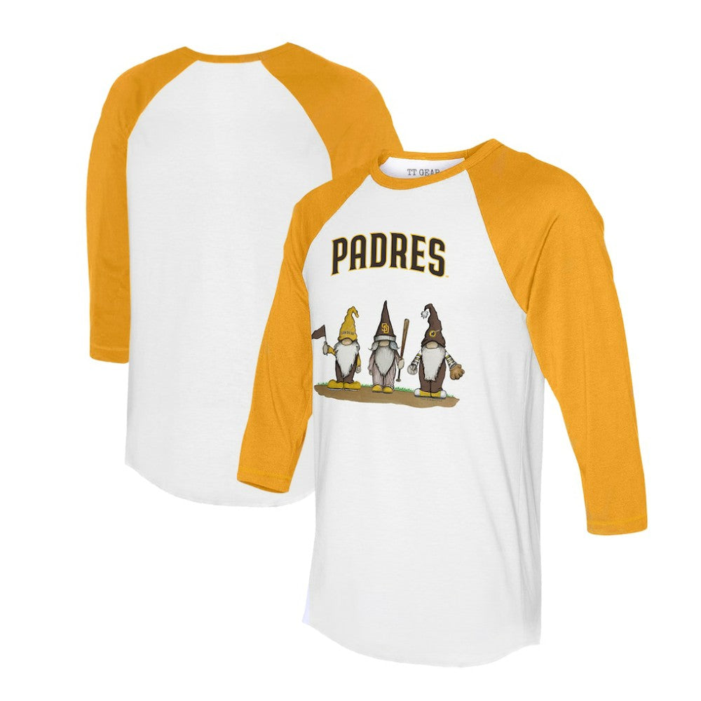 San Diego Padres Tiny Turnip Unisex Gnomes 3/4-Sleeve Raglan T-Shirt - White/Gold - MLB Lifestyle
